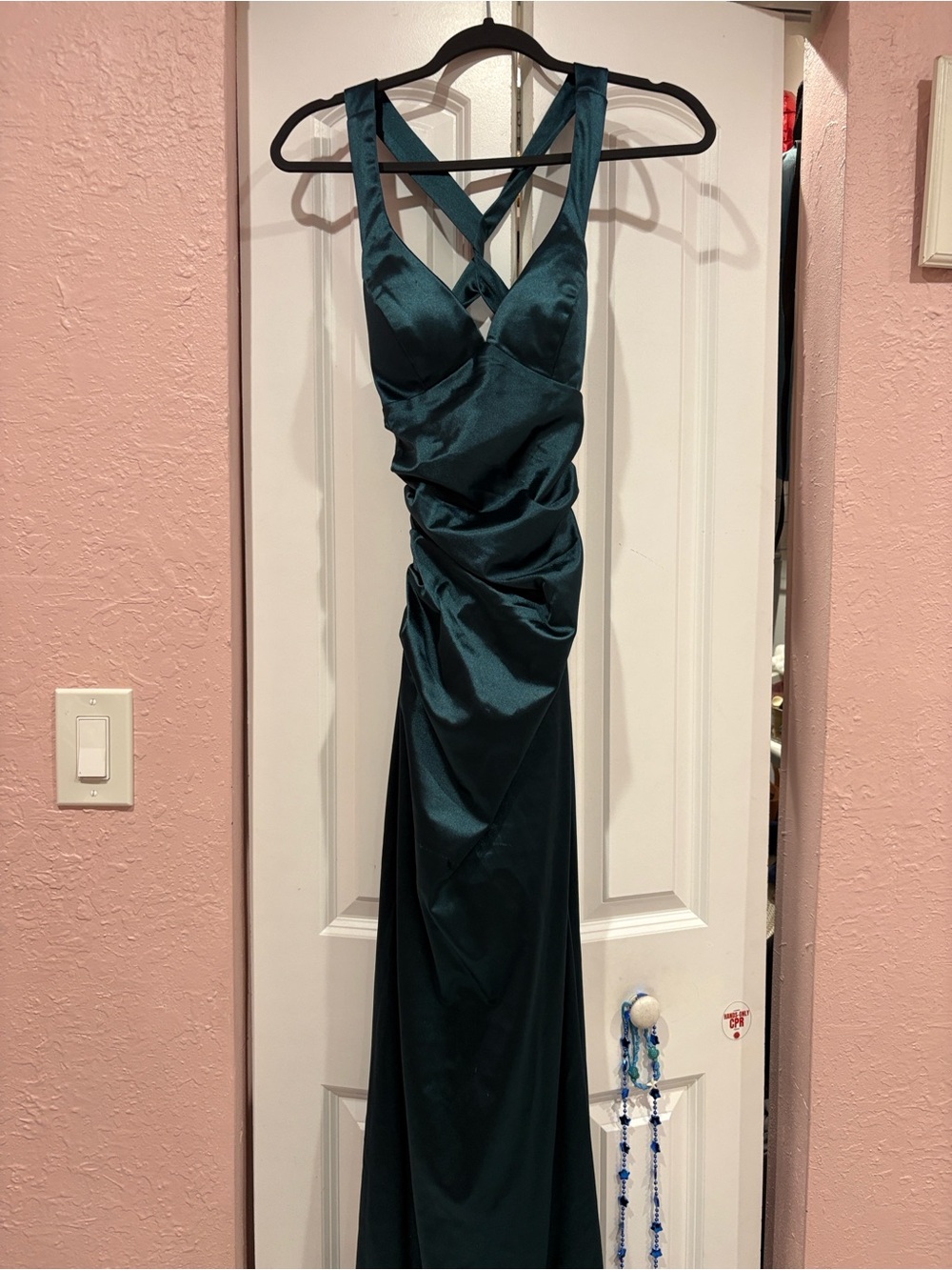 B Darlin Teal Satin Prom Dress with Crisscross Back